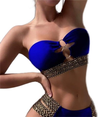 SAYİNA-Straplez Mavi Kurdele Nakış Bikini Takımı