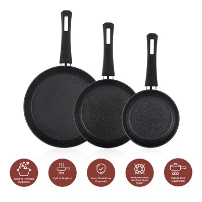 Schafer Black Stone 3 lü Tava Seti 18Cm+22Cm+26Cm-Siyah