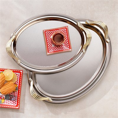 Schafer Ela 2 li Oval Çay Tepsisi-Platin01