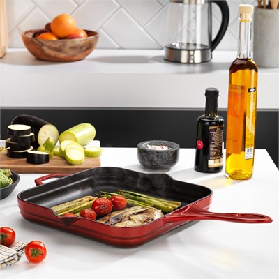 Schafer Guss Chef Döküm Kare Kızartma Tavası 28x28 Cm-Kırmızı