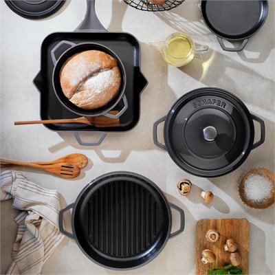 Schafer Guss Chef Döküm Yuvarlak Grill Tava Çift Kulplu 28Cm-1 Parça-Gri