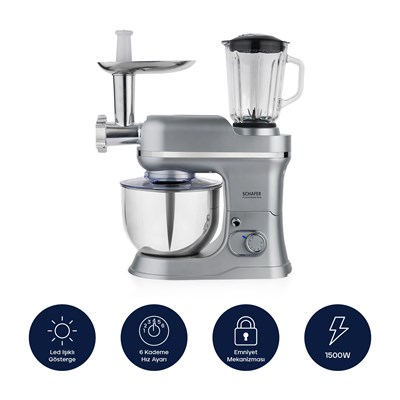 Schafer Prochef Master Multi Kıyma ve Sürahi Blender Aparatlı Stand Mikser 5 L- Gümüş