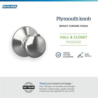 Schlage F10 PLY 625 Plymouth Kapı Topuzu, Koridor ve Dolap Geçiş Kilidi, Parlak Krom