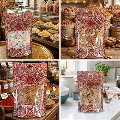 Şeffaf Pencereli Mandala Desenli Poşet, Kilitli Fermuar, Yeniden Kullanılabilir Saklama Torbası,Hazır Doypack, Farklı Kullanım Alanları (100, 15X21)