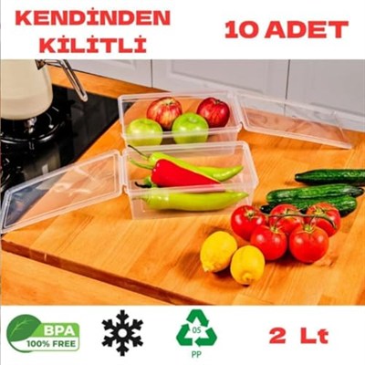 Şeffaf Saklama Kabı, Kilitli Kapaklı, Buzdolabı Organizer ve Dondurucuya Uygun, 10 Adet, Gıdaya Uygun (2000 ML)