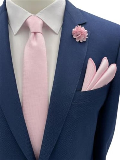 Şeker Pembe Kravat Mendil Yaka Çiçeği Set