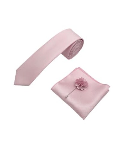 Şeker Pembe Kravat Mendil Yaka Çiçeği Set