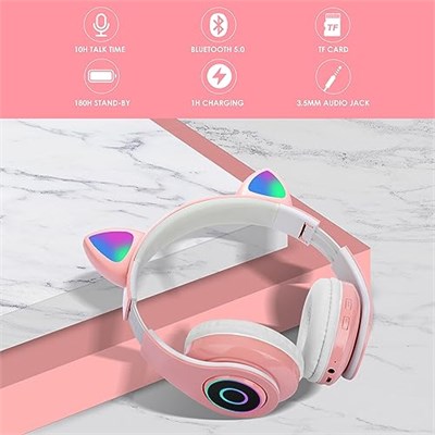 Sendowtek Çocuk Kulaklık, Kız Çocukları Bluetooth Kulak Üstü Sevimli Kedi Kulaklı Çocuk Kulaklığı LED Işıklı, Katlanabilir Kablosuz Çocuk Kulaklık Erkek Yetişkinler İçin Okul/Tablet/PC/Telefon