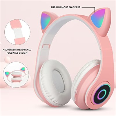 Sendowtek Çocuk Kulaklık, Kız Çocukları Bluetooth Kulak Üstü Sevimli Kedi Kulaklı Çocuk Kulaklığı LED Işıklı, Katlanabilir Kablosuz Çocuk Kulaklık Erkek Yetişkinler İçin Okul/Tablet/PC/Telefon