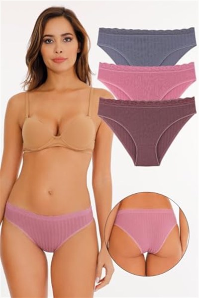 Sensu Kadın Fitilli Dantel Detaylı Slip Külot 3Lü Paket Set - Kts1207
