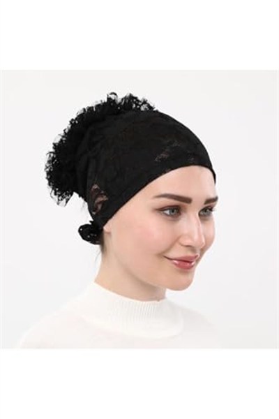 Sensu Kendinden Dantelli Fırfırlı Tesettüriç Bone,Sıyah Standart