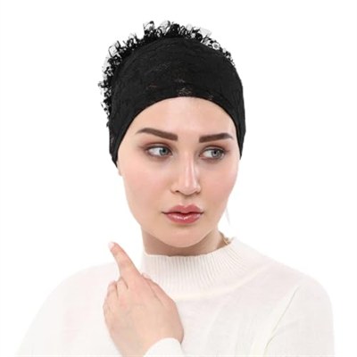 Sensu Kendinden Dantelli Fırfırlı Tesettüriç Bone,Sıyah Standart