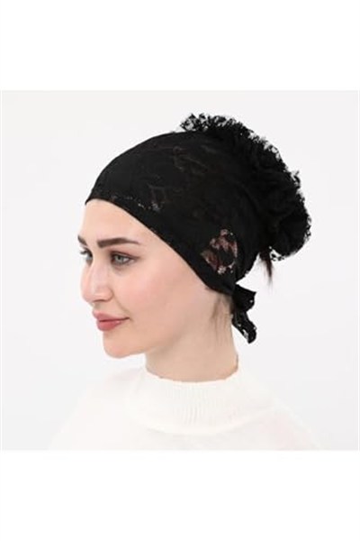 Sensu Kendinden Dantelli Fırfırlı Tesettüriç Bone,Sıyah Standart