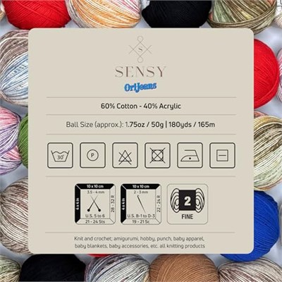 Sensy OriJeans İplik, Amigurumi Pamuk İpliği, Pamuk İpliği Tığ İşi,%60 Pamuk,%40 Akrilik, 49,5 g, 180 Yard, Ölçü 2 İnce (Saks Mavi)