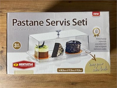 Şenyayla Pastane Servis Seti No:2, Kristal Kapaklı, 3 Parça, 32,5 x 17,5 x 11,5 cm, Pasta Taze Tutar