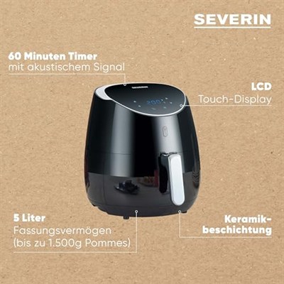 SEREVIN FR 2445 XXL sıcak hava fritözü (2.000 W, 5 l kapasite, 1.500 g kızartma miktarı) paslanmaz çelik/siyah