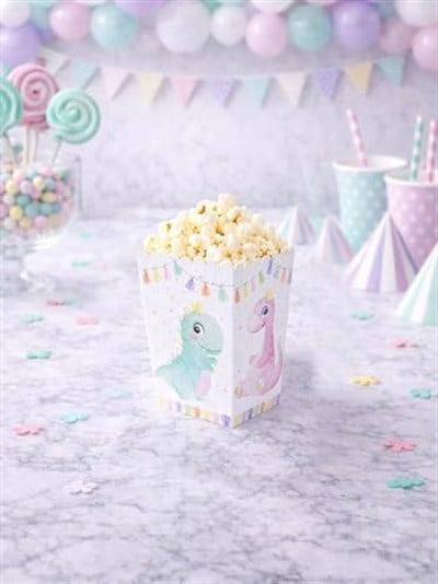 Sevimli Dinozor Temalı Karton Mısır Kutusu Popcorn Kutusu 8li