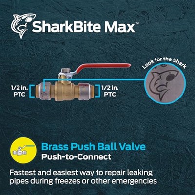 SharkBite Max 1/2 İnç Küresel Vana, Pirinç Tesisat Bağlantısı Bağlantısı için İtin, Su Kapatma, PEX Boru, Bakır, CPVC, PE-RT, HDPE, UR22222A