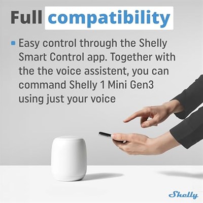 Shelly 1 Mini Gen 3 | WiFi ve Bluetooth Smart Switch Röle 1 Kanal 8A | Ev Otomasyonu | Alexa ve Google Home ile Uyumlu | iOS Android Uygulaması | Hub Gerekmez | Kuru Kontaklar