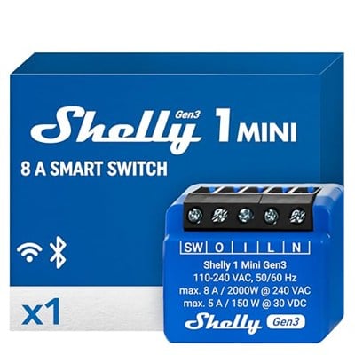 Shelly 1 Mini Gen 3 | WiFi ve Bluetooth Smart Switch Röle 1 Kanal 8A | Ev Otomasyonu | Alexa ve Google Home ile Uyumlu | iOS Android Uygulaması | Hub Gerekmez | Kuru Kontaklar