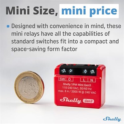 Shelly 1PM Mini Gen3 | WLAN akıllı röle şalteri | 1 kanal 8A | akım ölçümü | sıva altı ışık şalteri | Alexa ve Google Home | ev otomasyonu | iOS Android uygulaması | Hub gerektirmez