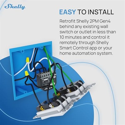Shelly 2PM Gen4, Wi-Fi ile çalışan akıllı röle şalteri, 16A, güç ölçümü, panjur şalteri, ev otomasyonu, uzaktan kumanda, hub gerekmez, Alexa, HomeKit & Googlе, Zigbee, Matter, 1 adet