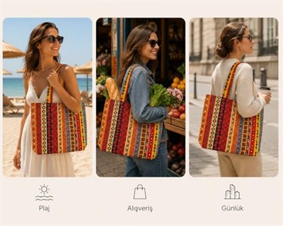 Shopexxtra Anadolu Kilim Desenli Kadın Tote Bag – Keten Omuz Çantası, Geniş Hacimli Günlük Kullanım & Alışveriş Çantası, 40x35x8 cm