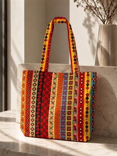Shopexxtra Anadolu Kilim Desenli Kadın Tote Bag – Keten Omuz Çantası, Geniş Hacimli Günlük Kullanım & Alışveriş Çantası, 40x35x8 cm