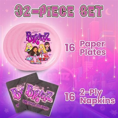 Silver Buffalo Bratz Dolls 32 Parça Mor Kağıt Peçete ve Tabak Parti Paketi Yasmin, Sasha, Jade ve Cloe