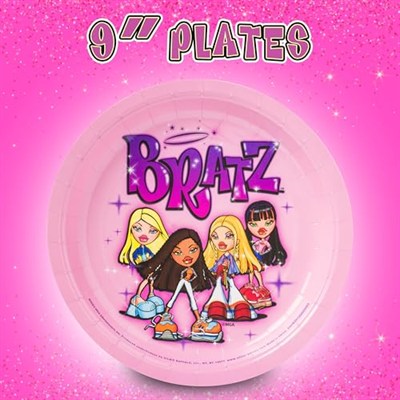 Silver Buffalo Bratz Dolls 32 Parça Mor Kağıt Peçete ve Tabak Parti Paketi Yasmin, Sasha, Jade ve Cloe