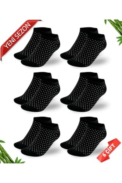 Simli Nokta Desenli Siyah Renk Kadın Bambu Patik Çorap 6lı Set