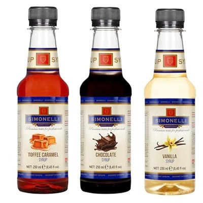 SIMONELLI CHOCOLATE 3lü Şurup Seti (Toffee Karamel + Çikolata+ Vanilya) Kahve Ve Kokteyl Şurubu 3x250ml