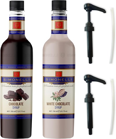 SIMONELLI CHOCOLATE Kahve ve Kokteyl Şurubu Çikolata Aromalı + Beyaz Çikolata Aromalı 700 ml + 2 ADET POMPA