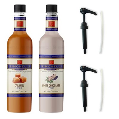 SIMONELLI CHOCOLATE Kahve ve Kokteyl Şurubu Karamel Aromalı + Beyaz Çikolata Aromalı 70 Cl + 2 Adet Pompa