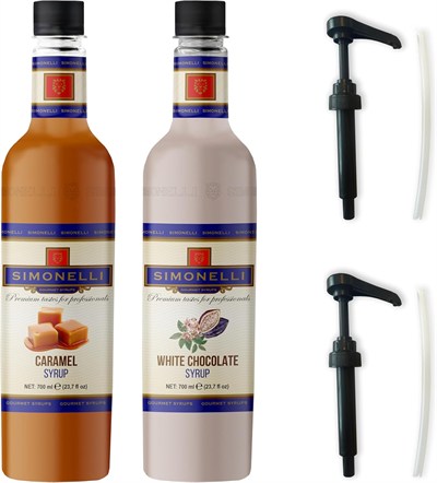 SIMONELLI CHOCOLATE Kahve ve Kokteyl Şurubu Karamel Aromalı + Beyaz Çikolata Aromalı 70 Cl + 2 Adet Pompa