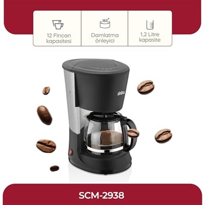 Sinbo SCM-2938 Filtre Kahve Makinesi 12 Fincan / 1.2 Litre Kapasite | Damlatmaz Özellik | Termostatlı Isıtma | Cam Demlik | Ofis ve Ev için