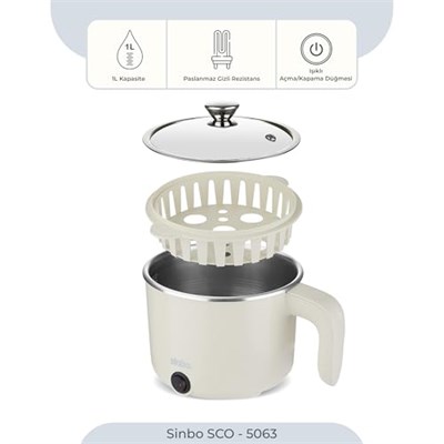 Sinbo SCO-5063 Çok Fonksiyonlu Buharlı Pişirici – 800 Ml Kapasite, Paslanmaz Gizli Rezistans, Temperli Cam Kapak, Krem Renk