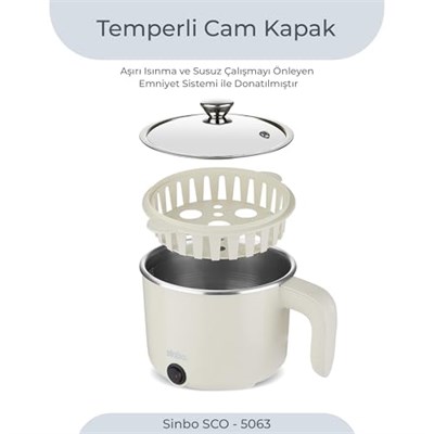 Sinbo SCO-5063 Çok Fonksiyonlu Buharlı Pişirici – 800 Ml Kapasite, Paslanmaz Gizli Rezistans, Temperli Cam Kapak, Krem Renk