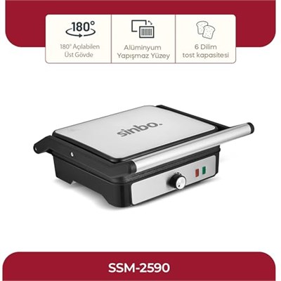 Sinbo SSM-2590 Inox Izgara ve Tost Makinesi, 2000 W, 180° Açılabilir Gövde, Alüminyum Plaka, 6 Dilim Kapasite