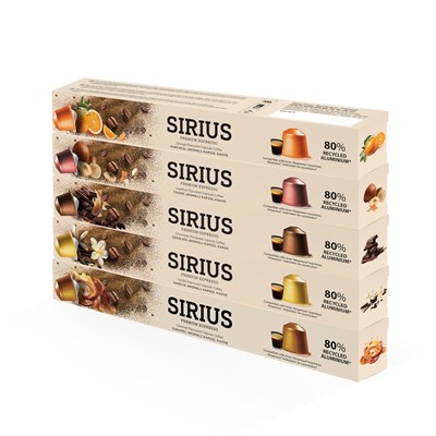 Sirius Premium Aromalı Kapsül Kahve 5li Set (Karamel-Vanilya-Çikolata-Fındık-Portakal)
