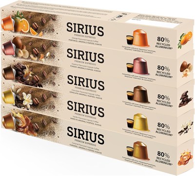 Sirius Premium Aromalı Kapsül Kahve 5li Set (Karamel-Vanilya-Çikolata-Fındık-Portakal)