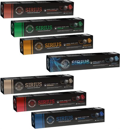 Sirius Premium Kapsül Kahve 7li Set (Lungo, Italy, Ristretto, Smooth, Sport, Decaf, Organik) (7 x 10 Adet)