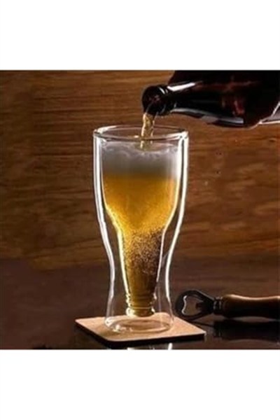 Şişe Tasarımlı Çift Cidarlı Cam Bardak, Bira Meşrubat 350 Ml
