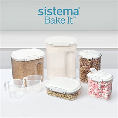 Sistema BAKE IT pişirme seti saklama kutusu seti, kapaklı 5 dökme kutusu ve 2 ölçüm kabı, BPA içermez, müsli, un, makarna ve daha fazlası için mükemmel