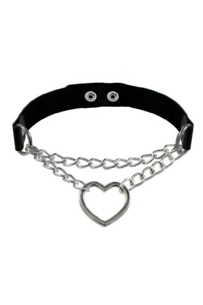 Siyah Deri Tasma Kalp Zincirli 37 Cm Choker Çıt Çıtlı Kadın Kolye