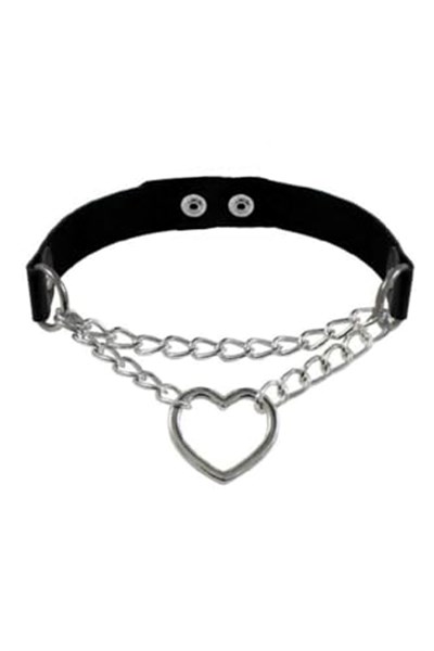 Siyah Deri Tasma Kalp Zincirli 37 Cm Choker Çıt Çıtlı Kadın Kolye