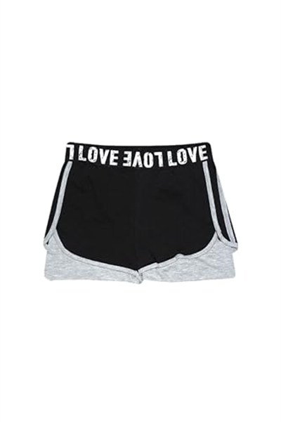 SİYAH-GRİ Kız Çocuk Love Yazılı Lastikli İkili Şort