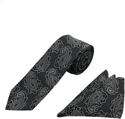 Siyah Gri Şal Desen Kravat Mendil Set