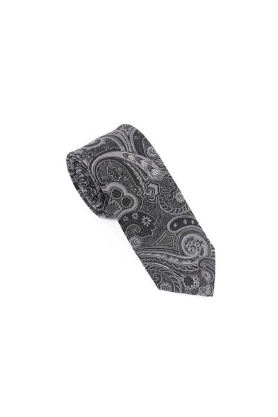 Siyah Gri Şal Motif Desen Kravat Mendil Set