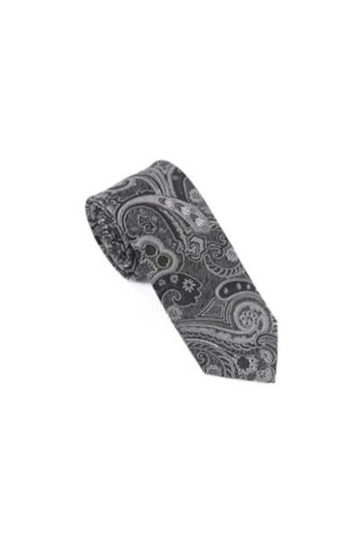Siyah Gri Şal Motif Desen Kravat Mendil Set